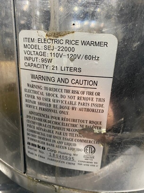 Amko Commercial Countertop Electric Powered Countertop Rice Cooker/ Warmer! WORKING WHEN REMOVED! Model: SEJ22000 SN: 18040595 110/120V - Image 4 of 6