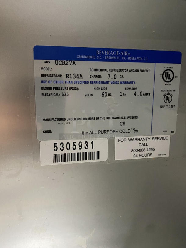  NICE! BEVERAGE-AIR Undercounter Cooler! Electric Powered! MODEL: UCR27 SN:5305931 On Casters! 115V/60Hz/1 Phase! Working When Removed!  - Image 6 of 7
