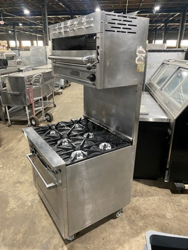 WOW! Sunfire Commercial Natural Gas Powered 6 Burner Stove! With Raised Back Splash And American Range Salamander! With Oven Underneath! All Stainless Steel! On Casters! - Image 2 of 11