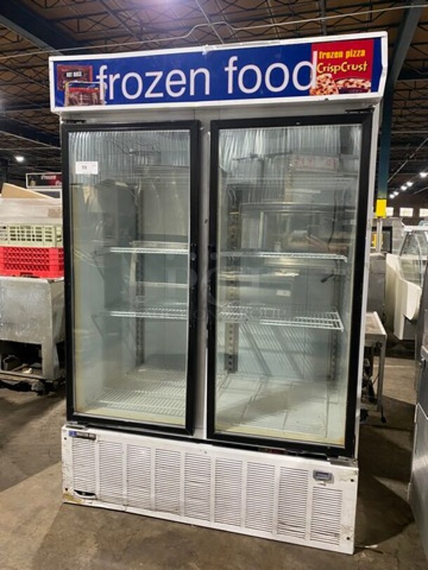 Master Bilt Commercial 2 Door Reach In Freezer Merchandiser! With View Through Doors! Poly Coated Racks! Model: BLG48HD SN: SU477729 115V 60HZ 1 Phase