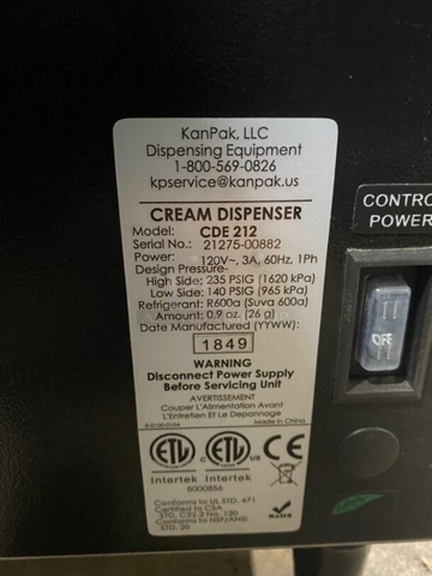 NEW! Kan-Pak Commercial Countertop Cream Dispenser! All Stainless Steel! On Legs! Model: CDE212 SN: 2127500882 120V 60HZ 1 Phase - Image 5 of 8