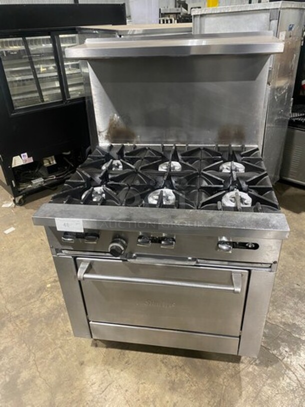 Sunfire Commercial Natural Gas Powered 6 Burner Stove! With Raised Back Splash And Salamander Shelf! With Oven Underneath! All Stainless Steel! On Casters! - Image 1 of 10