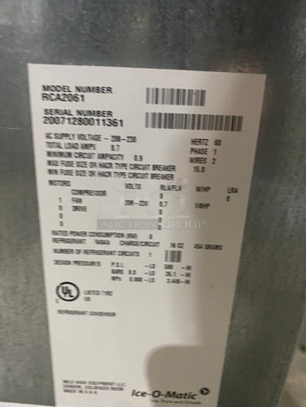 Ice-O-Matic Commercial Ice Maker Machine! With Condenser! All Stainless Steel! Model: CIM1446HR5 SN:20071280011284 208/230V 60HZ 1 Phase, Model: RCA2061 SN: 20071280011361 - Image 9 of 10