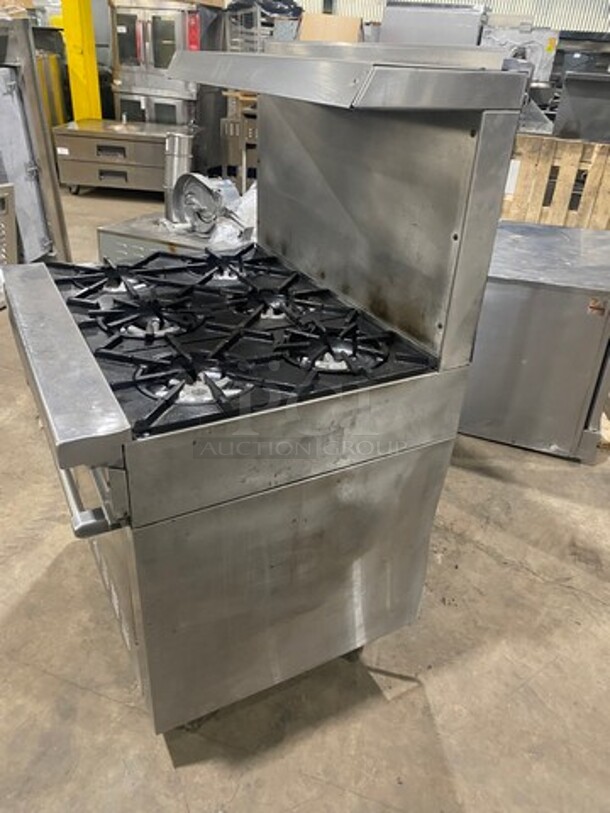 Garland Commercial Natural Gas Powered 6 Burner Stove! W/ Oven Underneath! Stainless Steel W/ Back Splash And Salamander Shelf! On Casters! - Image 2 of 9