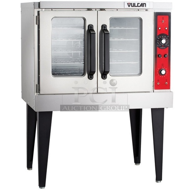 BRAND NEW SCRATCH AND DENT! Vulcan VC5ED ENERGY STAR Stainless Steel Commercial Electric Powered Full Size Convection Oven w/ View Through Doors, Metal Oven Racks and Thermostatic Controls. Does Not Come w/ Legs. 208 Volts, 3/1 Phase.