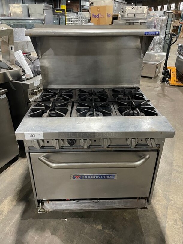 SWEET! Bakers Pride Commercial Natural Gas Powered 6 Burner Stove! With Full Size Oven Underneath! With Backsplash & Overhead Salamander Shelf! All Stainless Steel! On Legs! - Image 1 of 8