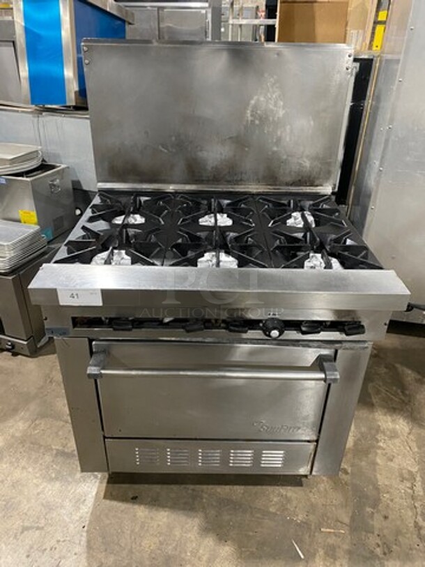 Sunfire Commercial Natural Gas Powered 6 Burner Stove! With Raised Back Splash! With Oven Underneath! All Stainless Steel! On Legs!