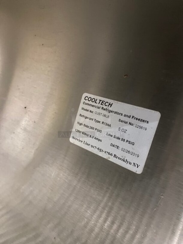 LATE MODEL! 2019 Cool Tech Commercial 2 Door Lowboy/ Worktop Cooler! Stainless Steel! On Casters! Model: CUST36LB SN: 025619 120V 60HZ 1 Phase - Image 7 of 8