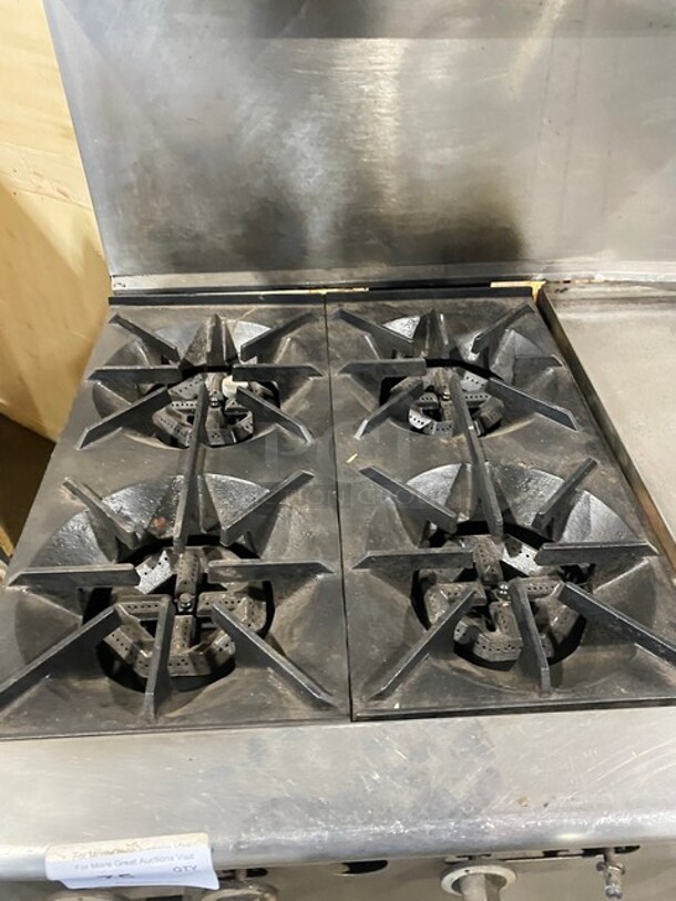 US Range Commercial Natural Gas Powered 4 Burner Stove! With Right Side Flat Griddle! With Backsplash & Overhead Salamander Shelf! With Full Size Oven Underneath! All Stainless Steel!  - Image 7 of 10