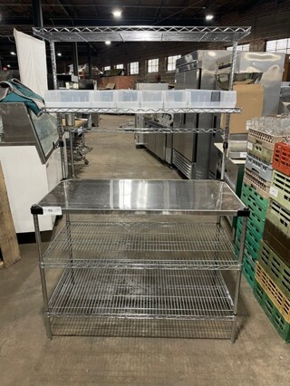 NEW & PERFECT! Metro Commercial Stainless Steel Out Going Station! With 2 Chrome Wire Over Shelves & 2 Full Sized Chrome Wire Under Shelves! With Plastic Storage Bins! On Legs! 