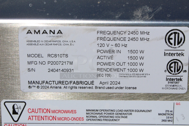BRAND NEW SCRATCH & DENT! Amana RCS10TS Stackable Commercial Microwave with Push Button Controls - 120V, 1000W. LOOKS BRAND NEW!! OUT OF ORIGINAL PACKAGING!! 22x19x13-7/8 - Image 5 of 6