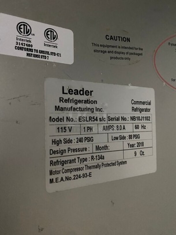 Leader Commercial 2 Door Reach In Cooler! All Stainless Steel! Model: ESLR54 SN: NB10J1102 115V 60HZ 1 Phase - Image 7 of 8