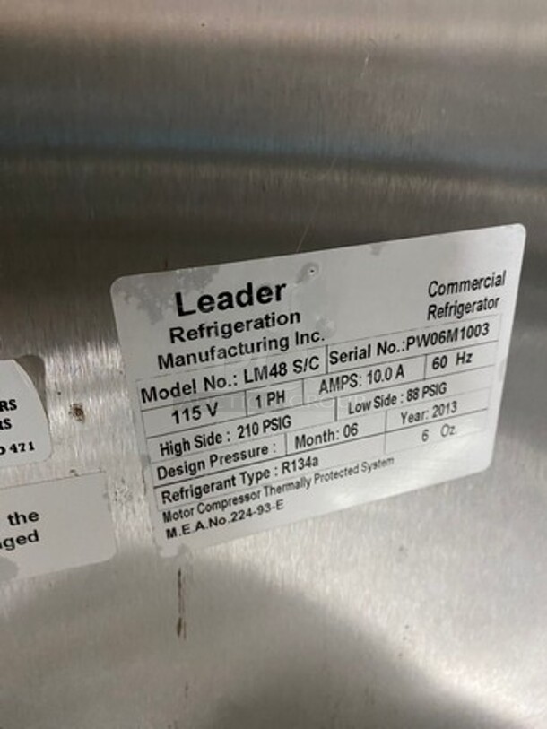 Leader Commercial Refrigerated Sandwich/Salad Prep Table! With Commercial Cutting Board! With 2 Door Storage Space Underneath! With Poly Coated Rack! All Stainless Steel! Model: LM48S/C SN: PW06M1003 115V 60HZ 1 Phase - Image 7 of 8