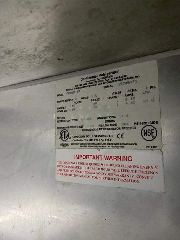 WOW! Continental Commercial Mega Top Sandwich/Salad Prep Table! With 3 Door Refrigerated Base! With 2 Overhead Shelves! All Stainless Steel! On Casters! 115V 1 Phase! Model: CRA60-12 SN: 157A5975! - Image 8 of 10