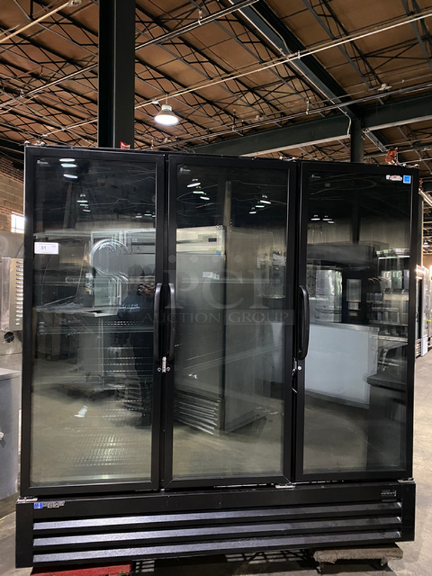 Master Bilt Commercial 3 Door Reach In Cooler Merchandiser! With View Through Doors! With Racks! Model: BLG74HGP SN: 1912309672 115V 60HZ 1 Phase