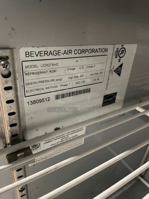 Beverage-Air Commercial Single Door Refrigerated Lowboy/Worktop Cooler! All Stainless Steel! With Poly Coated Rack! On Casters! 115V 1PH! Model: UCR27AHC! - Image 6 of 7