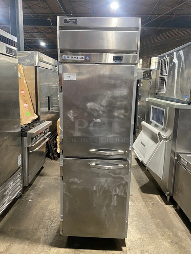 Beverage Air Stainless Steel Commercial 2 Half Size Door Reach In Cooler! On Commercial Casters! MODEL HF1HC1HSRC18 SN: 12902745 115V 1PH - Item #1114312