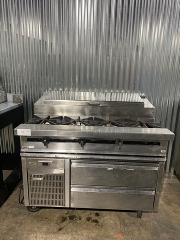 GREAT! RARE FIND Jade Range Commercial Natural Gas Powered 4 Burner Stove! With Refrigerated Prep Table on Top! With 2 Drawer Refrigerated Storage Space Underneath! All Stainless Steel! On Casters! Condenser Model M4PHA035IAP2! 115V! - Image 1 of 12