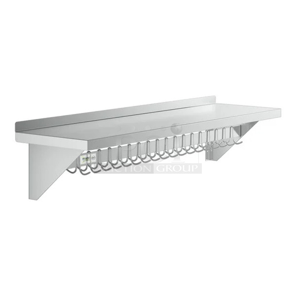 BRAND NEW SCRATCH & DENT! Regency 15" x 60" Stainless Steel Wall Mounted Pot Rack with Shelf and 18 Galvanized Hooks. 
 - Image 1 of 2