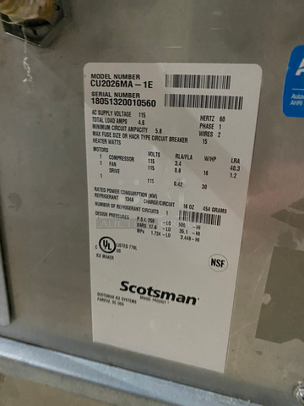 Scotsman Commercial Ice Bin! Stainless Steel Body! On Legs! NOT TESTED! Model: CU2026MA-1E SN: 18051320010560 115V 60HZ 1 Phase - Image 5 of 8