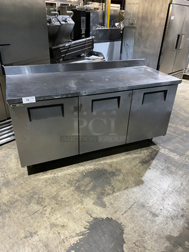 True Commercial 3 Door Refrigerated Lowboy/Worktop Cooler! With Backsplash! All Stainless Steel! On Legs! Model: TWT72 SN: 8587616 115V 60HZ 1 Phase