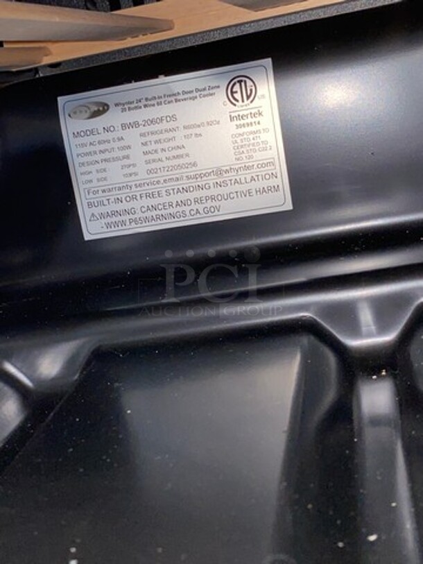 NEW! OUT OF THE BOX! SCRATCH-N-DENT! Whynter French Door Dual Zone Wine And Beer Can Cooler! With Through Doors! Wooden Wine Racks And Metal Racks! 20 Wine Bottle 60 Beer Can Capacity! Model: BWB2060FDS 115V - Image 10 of 11