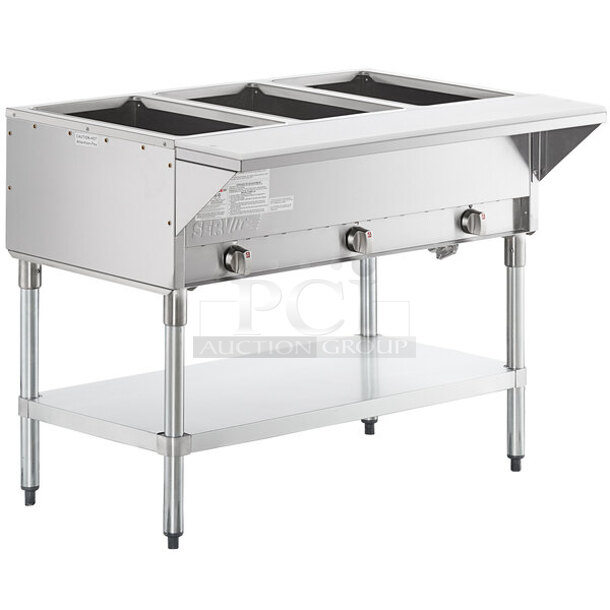 BRAND NEW SCRATCH & DENT! ServIt GST-3WE-LP Three Pan Open Well Liquid Propane Steam Table with Undershelf - 10,500 BTU - Complete Minor Denting 