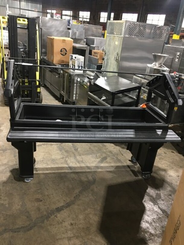 GREAT! Carlisle Commercial Black Poly Ice Cooled Ice Bin/ Merchandiser! With Dual Lowering Prep Lines! On Casters! Perfect For Drinks, Cut Fruit Etc.!