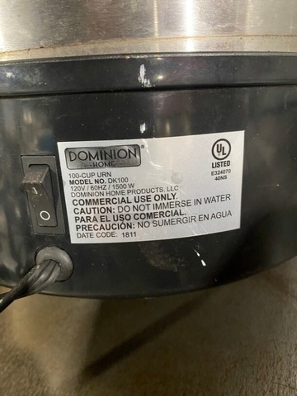 Dominion Commercial Countertop Coffee Urn! All Stainless Steel! Model: DK100 120V - Image 4 of 7