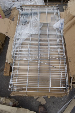 BRAND NEW SCRATCH & DENT! Regency 24" x 48" NSF Chrome Wire Shelf. (1) Shelf is smaller and damaged. 3 Pieces in total. 