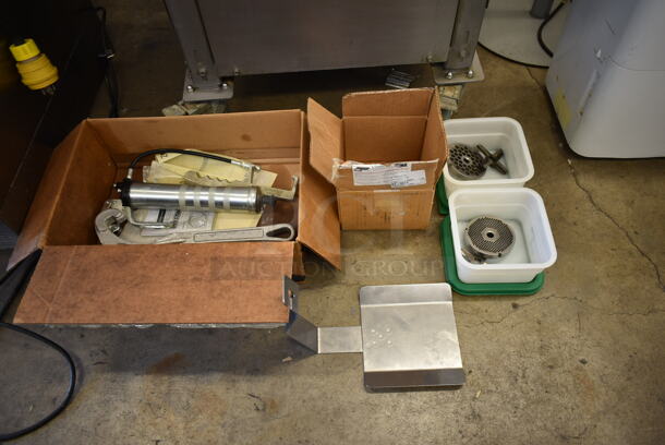 Biro Stainless Steel Commercial Floor Style Meat Mixer Grinder w/ Extra Parts on Commercial Casters. Appears to Be Model AFMG-48II. 220/250 Volts, 3 Phase. - Image 6 of 11
