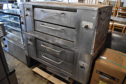 2 Bakers Pride Stainless Steel Commercial Natural Gas Powered Single Deck Pizza Oven on Metal Legs. Comes w/ Pizza Cooking Stones. 65x43x66. 2 Times Your Bid!