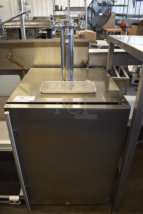Edgestar Model BR7001SS Stainless Steel Commercial Direct Draw Kegerator w/ 3 Tap Beer Tower, Drip Tray, Tank and 3 Couplers. 115 Volts, 1 Phase. 24x26x50. Tested and Working!