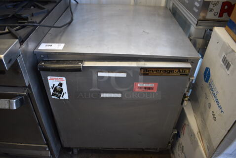 Beverage Air UCR27A Stainless Steel Commercial Single Door Undercounter Cooler on Commercial Casters. 1 Caster Needs To Be Reattached. 115 Volts, 1 Phase. 27x30x32. Tested and Working!