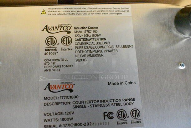 BRAND NEW SCRATCH AND DENT! 2024 Avantco 177IC1800 Stainless Steel Countertop Induction Range / Cooker. 120 Volts, 1 Phase. - Image 7 of 7
