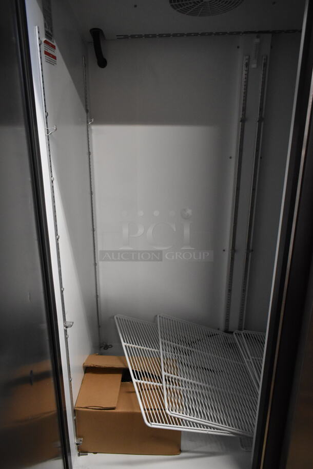 BRAND NEW SCRATCH AND DENT! Beverage Air SF2HC-1S Stainless Steel Commercial 2 Door Reach In Freezer w/ Poly Coated Racks and Commercial Casters. 115 Volts, 1 Phase. Cannot Test Due To Missing Power Cord  - Image 5 of 7