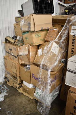 PALLET LOT of 32 BRAND NEW Boxes Including 712B5548D Steelton Stainless Steel Double Tier Speed Rail - 48", Kimberly-Clark Professional 55760 Gray C-Fold / Multifold Countertop Paper Towel Dispenser, Choice Shoe Covers, 24515112CBKBL Baker's Lane 15" x 11 1/2" x 2 1/4" Kraft Auto-Popup Donut / Bakery Box - 100/Bundle, 966TALLFLDN Choice Kraft Natural Tall-Fold 6" x 13" Dispenser Napkin - 8000/Case, Libbey 840-520R-8 Porcelana Rolled Edge Coupe Platter 8" x 6 1/4" Bright White Oval Porcelain - 36/Case, 407ALSC12 Choice 12 oz. One-Piece Aluminum Scoop, 395TO961 EcoChoice 9" x 6" x 3" Compostable Sugarcane / Bagasse 1 Compartment Take-Out Container - 200/Case, 129MCR24B Choice 24 oz. Black Round Microwavable Heavy Weight Container with Lid 7 1/4" - 150/Case, AD12 Genpak 12 oz. Clear Hinged Deli Container - 200/Case, 999IC16B Choice 16 oz. Blue Paper Frozen Yogurt / Food Cup - 50/Pack. 32 Times Your Bid! 
