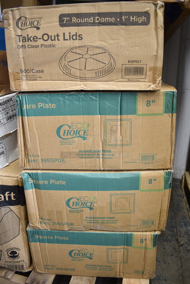 PALLET LOT of 29 BRAND NEW Boxes Including 707160HL Sabert Catering Pop-Top 14 3/8" Square Clear PET Hinged Lid for 160 oz. Square Bowl - 30/Case, 3 Box 347SP6CL Visions Florence 6" Square Clear Plastic Plate - 120/Case, 707801C Sabert Catering Pop-Top 80 oz. Clear PET One-Compartment Square Bowl - 50/Case, 2 Box 129MCR32B Choice 32 oz. Black Round Microwavable Heavy Weight Container with Lid 7 1/4" - 150/Case, 795PTOKFT1 Choice Kraft Microwavable Folded Paper #1 Take-Out Container 4 3/8" x 3 1/2" x 2 1/2" - 450/Case, 2 Box G4600XR Can Liners, 612P527 Choice 7" Clear Round Plastic Dome Lid - 500/Case, 3 Box 395SP08 EcoChoice Compostable Sugarcane / Bagasse 8" x 8" Square Plate - 400/Case, 7071602C Sabert Catering Pop-Top 160 oz. Clear PET Two-Compartment Square Bowl Set - 30/Case, 707802C Sabert Catering Pop-Top 80 oz. Clear PET Two-Compartment Square Bowl - 50/Case, HP4004743 Manitowoc Ice 4004743 Curtain, Water, Vac Form, 500CTOUT96 Choice 96 oz. Beverage Take-Out Container - 25/Case, 500TO883C3 Choice 8" x 8" x 3" Microwaveable 3-Compartment Black / Clear Plastic Hinged Container - 100/Case, 394360XL Noble Products Clear Powdered Disposable Vinyl Gloves for Foodservice - Extra Large - 1000/Case. 29 Times Your Bid! - Image 8 of 12