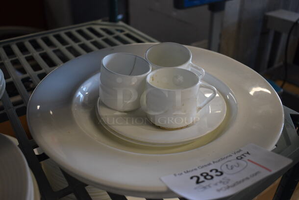 ALL ONE MONEY! Lot of 6 Various White Ceramic Dishes; 3 Mugs and 3 Plates. Includes 12x12x1