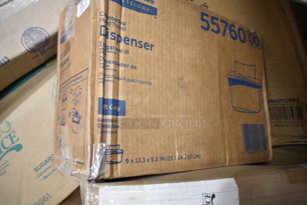 PALLET LOT of 32 BRAND NEW Boxes Including 712B5548D Steelton Stainless Steel Double Tier Speed Rail - 48", Kimberly-Clark Professional 55760 Gray C-Fold / Multifold Countertop Paper Towel Dispenser, Choice Shoe Covers, 24515112CBKBL Baker's Lane 15" x 11 1/2" x 2 1/4" Kraft Auto-Popup Donut / Bakery Box - 100/Bundle, 966TALLFLDN Choice Kraft Natural Tall-Fold 6" x 13" Dispenser Napkin - 8000/Case, Libbey 840-520R-8 Porcelana Rolled Edge Coupe Platter 8" x 6 1/4" Bright White Oval Porcelain - 36/Case, 407ALSC12 Choice 12 oz. One-Piece Aluminum Scoop, 395TO961 EcoChoice 9" x 6" x 3" Compostable Sugarcane / Bagasse 1 Compartment Take-Out Container - 200/Case, 129MCR24B Choice 24 oz. Black Round Microwavable Heavy Weight Container with Lid 7 1/4" - 150/Case, AD12 Genpak 12 oz. Clear Hinged Deli Container - 200/Case, 999IC16B Choice 16 oz. Blue Paper Frozen Yogurt / Food Cup - 50/Pack. 32 Times Your Bid!  - Image 4 of 12