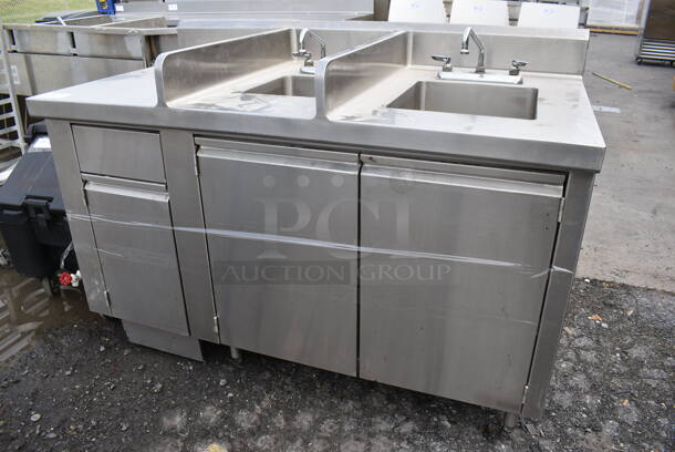 Stainless Steel Commercial Counter w/ 2 Sink Bays, 2 Faucets and 2 Handle Sets. 60x32x42.5. Bays 9x12x6, 14x16x10 - Image 3 of 7
