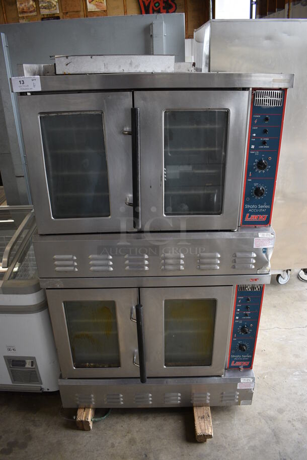 2 Lang GCOF-T-NAT Strato Series Accu-stat Stainless Steel Commercial Natural Gas Powered Full Size Convection Oven w/ View Through Doors, Metal Oven Racks and Thermostatic Controls. 55,000 BTU. 40x30x64. 2 Times Your Bid!