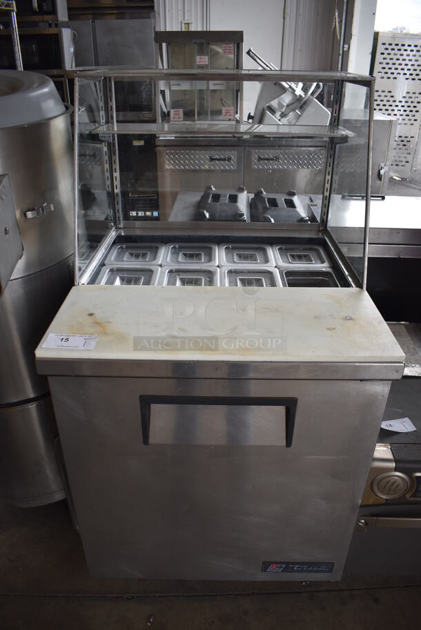 2015 True TSSU-27-08 Stainless Steel Commercial Prep Table w/ Sneeze Guard and Drop In Bins on Commercial Casters. 115 Volts, 1 Phase. 27.5x30x54.5. Tested and Working! - Image 1 of 6