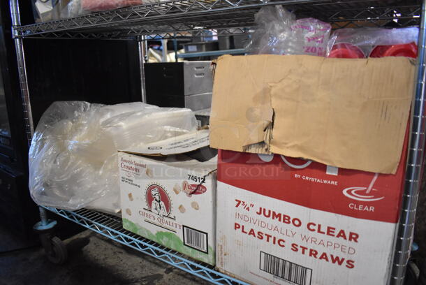 ALL ONE MONEY! Lot of 3 Tiers Worth of Various Items Including Disposable Cups, Lids, Receipt Printer Rolls and Mop Heads - Image 4 of 12