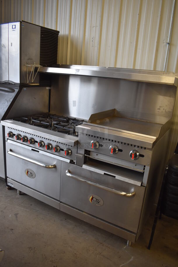 BRAND NEW SCRATCH AND DENT! CPG Cooking Performance Group S60-GS24-N Stainless Steel Commercial Natural Gas Powered 6 Burner Range w/ Flat Top Griddle, 2 Ovens, Over Shelf and Back Splash. 276,000 BTU. 60x33x60. Tested and Working! - Image 2 of 9