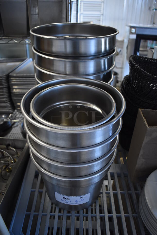 ALL ONE MONEY! Lot of 11 Various Stainless Steel Cylindrical Drop In Bins. Includes 7.5x7.5x8, 9.5x9.5x8, 11.5x11.5x8