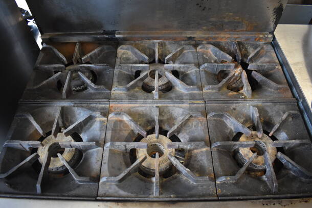 Imperial Stainless Steel Commercial Natural Gas Powered 6 Burner Range w/ Oven, Over Shelf and Back Splash. Comes w/ Gas Hose!  - Image 5 of 6