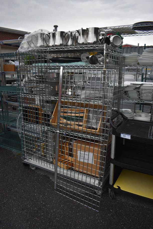 ALL ONE MONEY! Lot of Chrome Finish 5 Tier Shelving Unit on Commercial Casters w/ Liquor Cage and All Contents Including Metal Pitchers, White Ceramic Plates. BUYER MUST DISMANTLE. PCI CANNOT DISMANTLE FOR SHIPPING. PLEASE CONSIDER FREIGHT CHARGES. 49x25x68 - Image 2 of 7