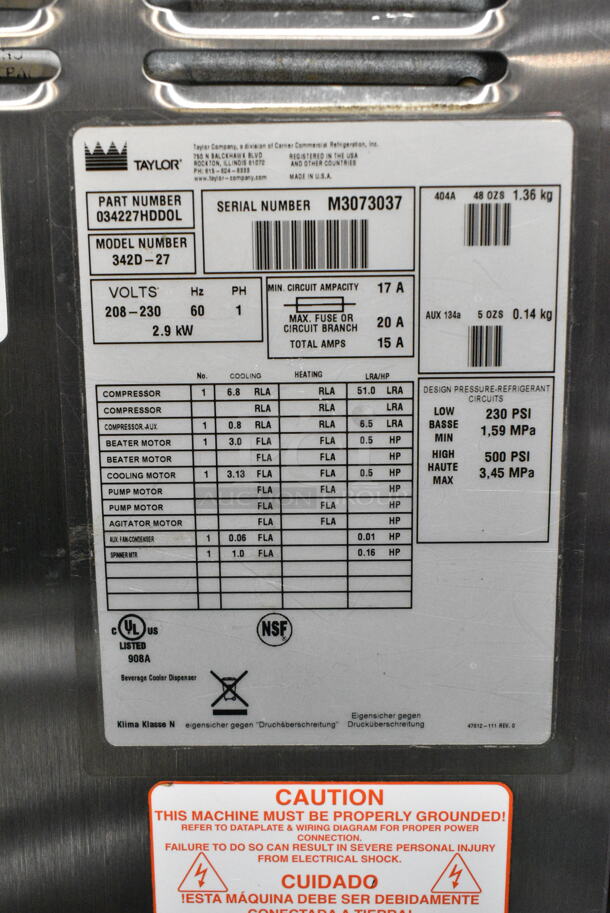 Taylor 342D-27 Stainless Steel Commercial Floor Style Air Cooled 2 Flavor Frozen Beverage Machine w/ Drink Mixer Attachment. 208-230 Volts, 1 Phase. - Image 7 of 7