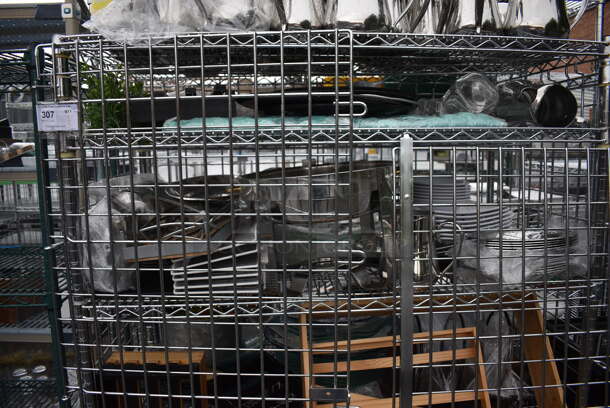 ALL ONE MONEY! Lot of Chrome Finish 5 Tier Shelving Unit on Commercial Casters w/ Liquor Cage and All Contents Including Metal Pitchers, White Ceramic Plates. BUYER MUST DISMANTLE. PCI CANNOT DISMANTLE FOR SHIPPING. PLEASE CONSIDER FREIGHT CHARGES. 49x25x68 - Image 5 of 7